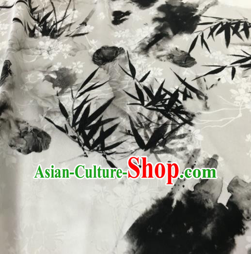 Asian Chinese Classical Bamboo Lotus Pattern White Brocade Satin Drapery Traditional Cheongsam Brocade Silk Fabric