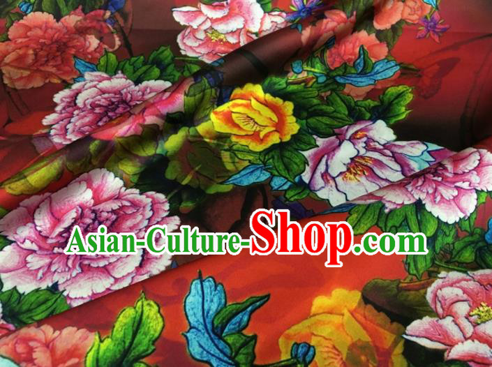 Asian Chinese Classical Peony Pattern Red Brocade Satin Drapery Traditional Cheongsam Brocade Silk Fabric