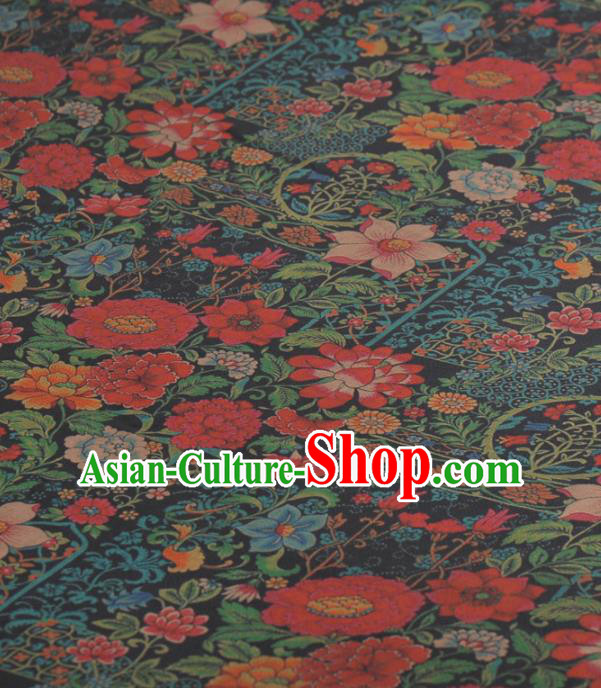 Asian Chinese Classical Lotus Peony Pattern Black Gambiered Guangdong Gauze Traditional Cheongsam Brocade Silk Fabric