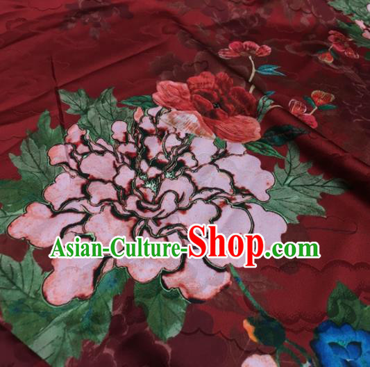 Asian Chinese Classical Peony Pattern Wine Red Brocade Satin Drapery Traditional Cheongsam Brocade Silk Fabric