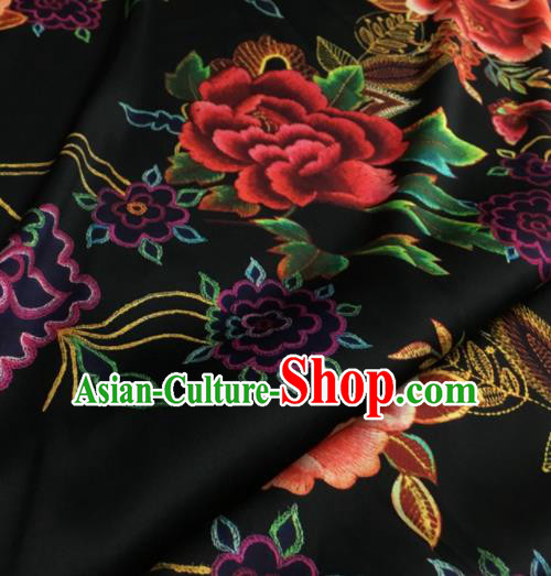 Asian Chinese Classical Peony Pattern Black Brocade Satin Drapery Traditional Cheongsam Brocade Silk Fabric