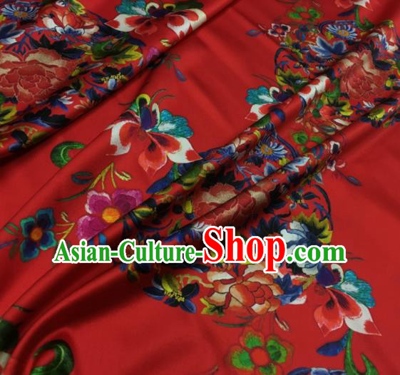 Asian Chinese Classical Round Peony Pattern Red Brocade Satin Drapery Traditional Cheongsam Brocade Silk Fabric