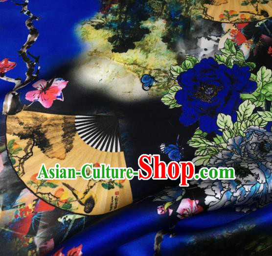 Asian Chinese Classical Peony Fan Pattern Royalblue Brocade Satin Drapery Traditional Cheongsam Brocade Silk Fabric