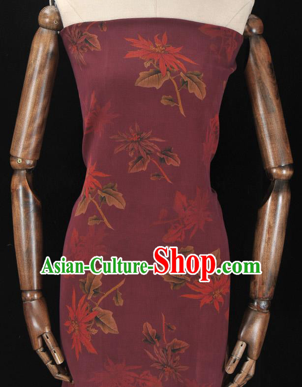 Asian Chinese Classical Maple Leaf Pattern Wine Red Gambiered Guangdong Gauze Traditional Cheongsam Brocade Silk Fabric