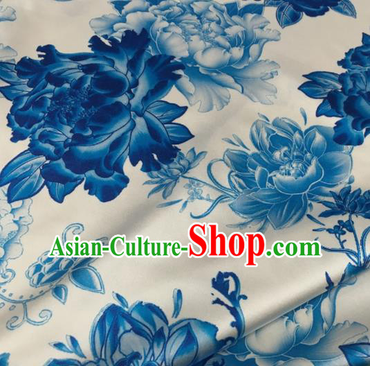 Asian Chinese Classical Blue Peony Pattern White Brocade Satin Drapery Traditional Cheongsam Brocade Silk Fabric