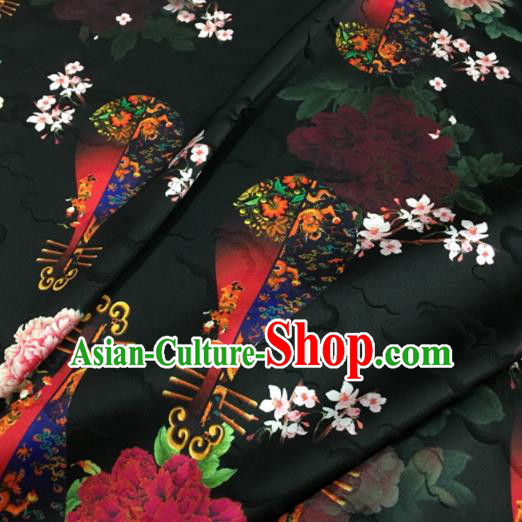 Asian Chinese Classical Lute Peony Pattern Black Brocade Satin Drapery Traditional Cheongsam Brocade Silk Fabric