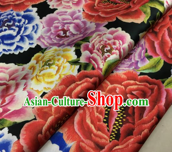 Asian Chinese Classical Peony Pattern Black Brocade Satin Drapery Traditional Cheongsam Brocade Silk Fabric