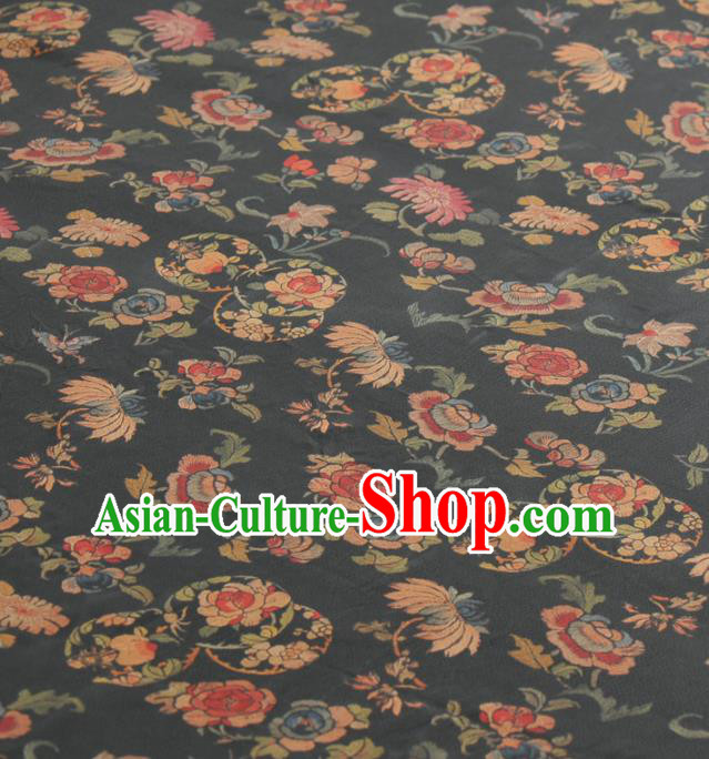 Asian Chinese Classical Chrysanthemum Peony Pattern Navy Gambiered Guangdong Gauze Traditional Cheongsam Brocade Silk Fabric