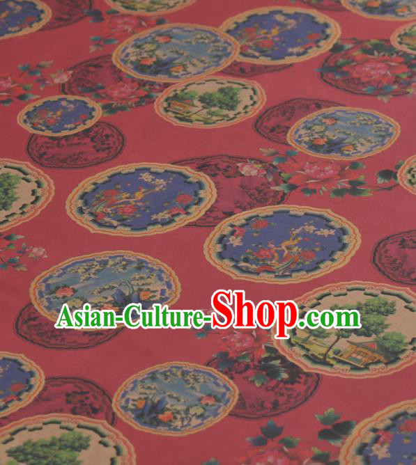 Asian Chinese Classical Peony Pavilion Pattern Red Gambiered Guangdong Gauze Traditional Cheongsam Brocade Silk Fabric