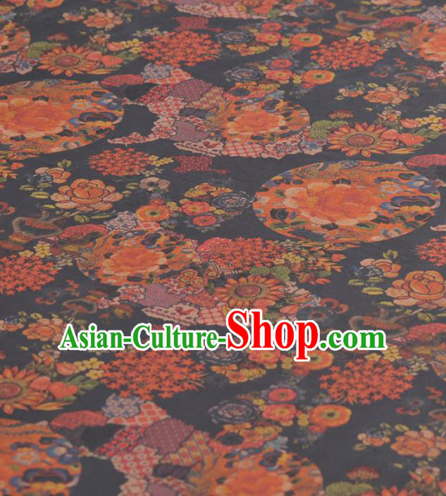 Asian Chinese Classical Peony Sunflowers Pattern Navy Gambiered Guangdong Gauze Traditional Cheongsam Brocade Silk Fabric