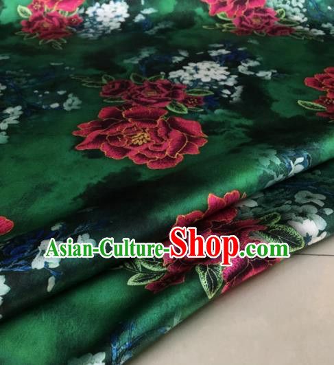 Asian Chinese Classical Peony Pattern Deep Green Brocade Satin Drapery Traditional Cheongsam Brocade Silk Fabric