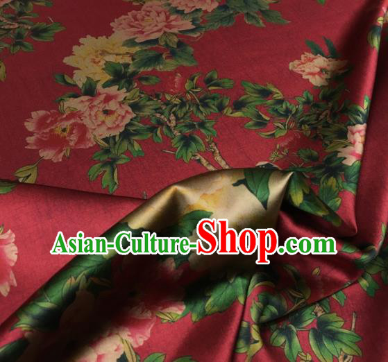 Asian Chinese Classical Peony Pattern Purplish Red Brocade Satin Drapery Traditional Cheongsam Brocade Silk Fabric