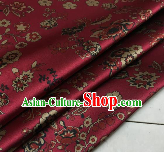 Asian Chinese Classical Flowers Pattern Wine Red Brocade Satin Drapery Traditional Cheongsam Brocade Silk Fabric