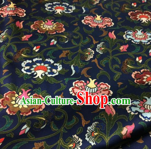 Asian Chinese Classical Totem Pattern Navy Brocade Satin Drapery Traditional Cheongsam Brocade Silk Fabric