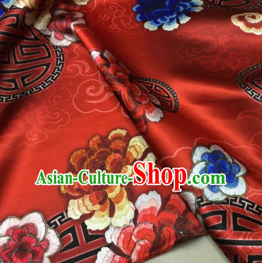 Asian Chinese Classical Cloud Peony Pattern Red Brocade Satin Drapery Traditional Cheongsam Brocade Silk Fabric