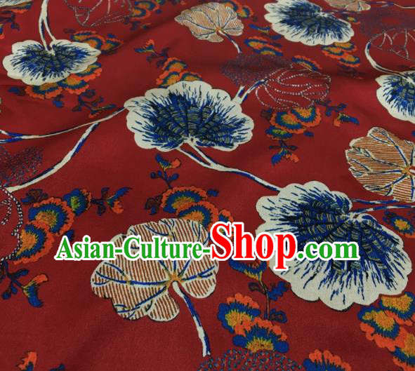 Asian Chinese Classical Lotus Leaf Pattern Red Brocade Satin Drapery Traditional Cheongsam Brocade Silk Fabric