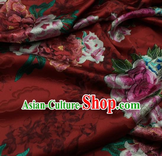 Asian Chinese Classical Peony Flowers Pattern Purplish Red Brocade Satin Drapery Traditional Cheongsam Brocade Silk Fabric