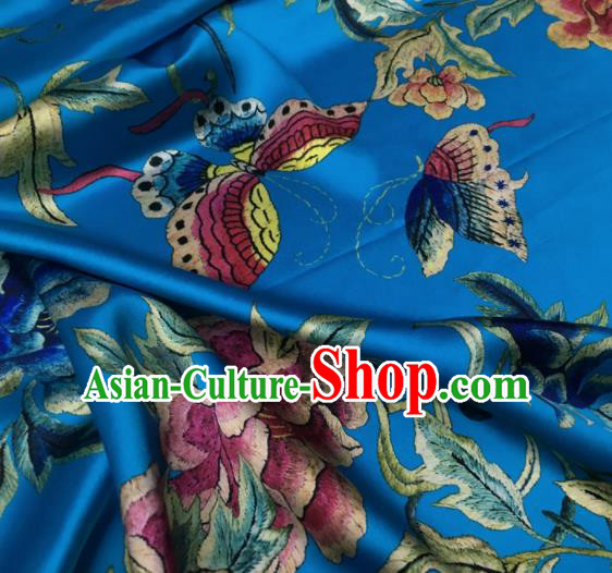 Asian Chinese Classical Peony Flowers Pattern Blue Brocade Satin Drapery Traditional Cheongsam Brocade Silk Fabric