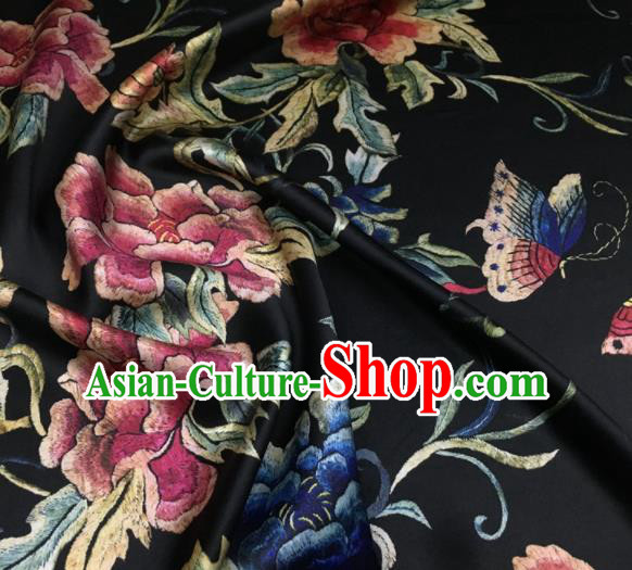 Asian Chinese Classical Peony Flowers Pattern Black Brocade Satin Drapery Traditional Cheongsam Brocade Silk Fabric