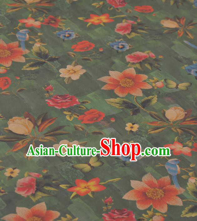 Asian Chinese Classical Flowers Butterfly Pattern Green Gambiered Guangdong Gauze Traditional Cheongsam Brocade Silk Fabric