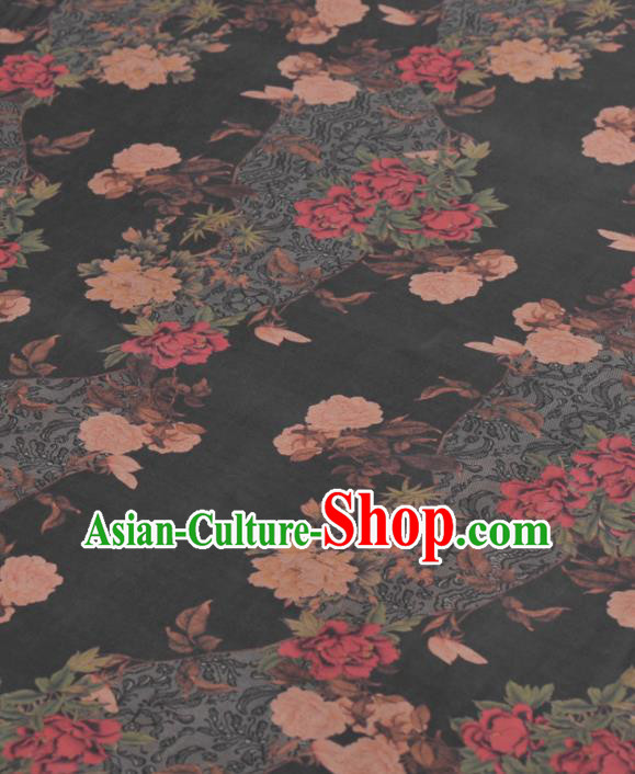 Asian Chinese Classical Peony Magnolia Pattern Black Gambiered Guangdong Gauze Traditional Cheongsam Brocade Silk Fabric