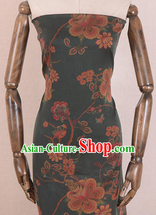 Asian Chinese Classical Peach Blossom Pattern Olive Green Gambiered Guangdong Gauze Traditional Cheongsam Brocade Silk Fabric