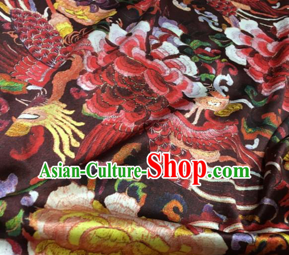 Asian Chinese Classical Phoenix Peony Pattern Dark Red Brocade Satin Drapery Traditional Cheongsam Brocade Silk Fabric