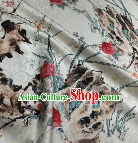 Asian Chinese Classical Roses Orchid Pattern White Brocade Satin Drapery Traditional Cheongsam Brocade Silk Fabric