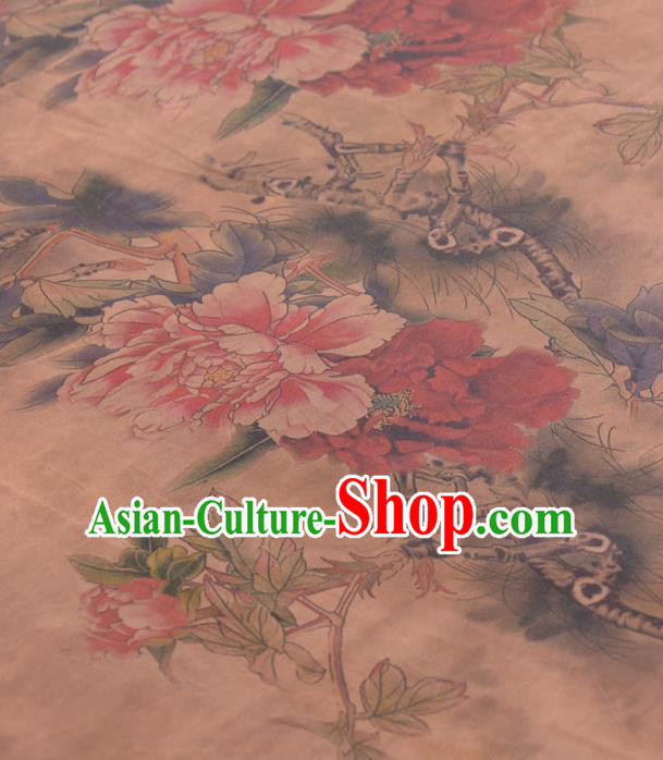 Asian Chinese Classical Peony Flowers Pattern Khaki Gambiered Guangdong Gauze Traditional Cheongsam Brocade Silk Fabric