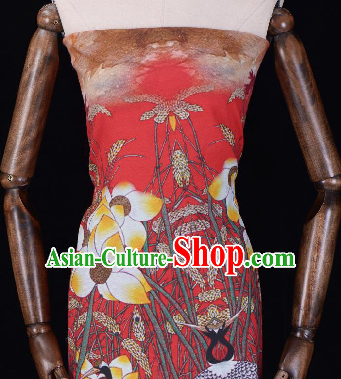 Asian Chinese Classical Cranes Lotus Pattern Red Gambiered Guangdong Gauze Traditional Cheongsam Brocade Silk Fabric