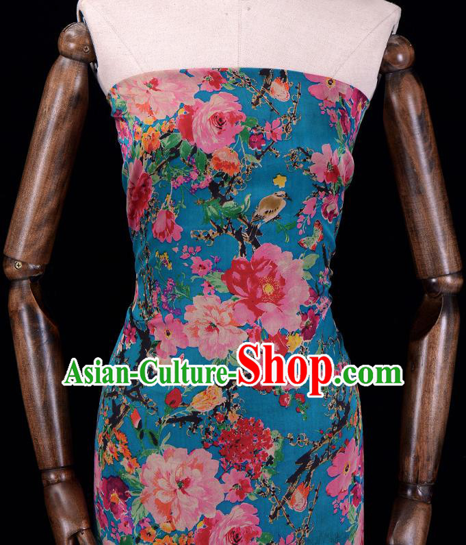 Asian Chinese Classical Peony Pattern Blue Gambiered Guangdong Gauze Traditional Cheongsam Brocade Silk Fabric