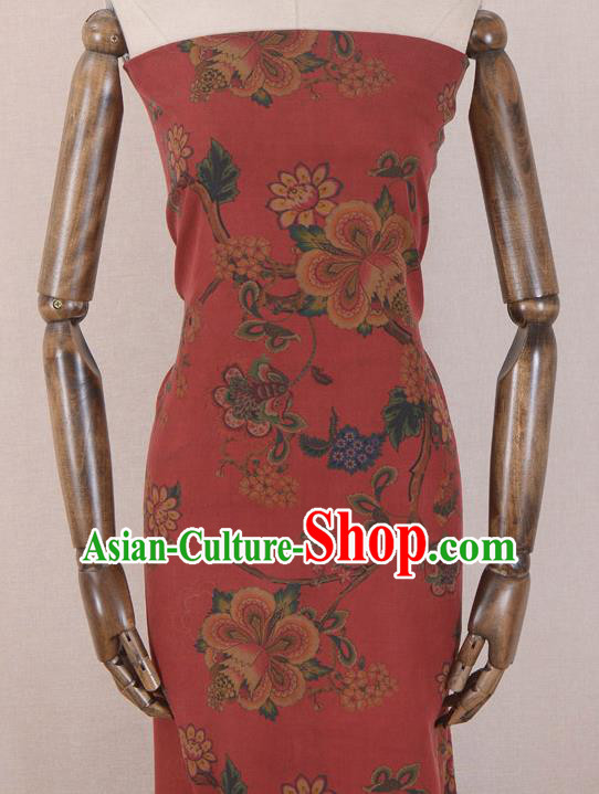 Asian Chinese Classical Peach Flower Pattern Red Gambiered Guangdong Gauze Traditional Cheongsam Brocade Silk Fabric