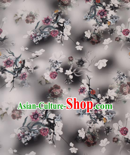 Asian Chinese Classical Flowers Pattern Grey Gambiered Guangdong Gauze Traditional Cheongsam Brocade Silk Fabric