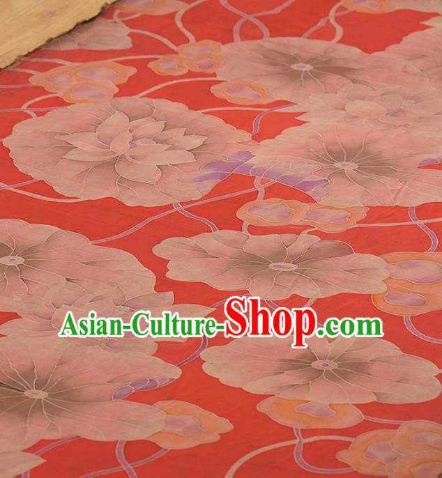Asian Chinese Classical Lotus Leaf Pattern Red Gambiered Guangdong Gauze Traditional Cheongsam Brocade Silk Fabric