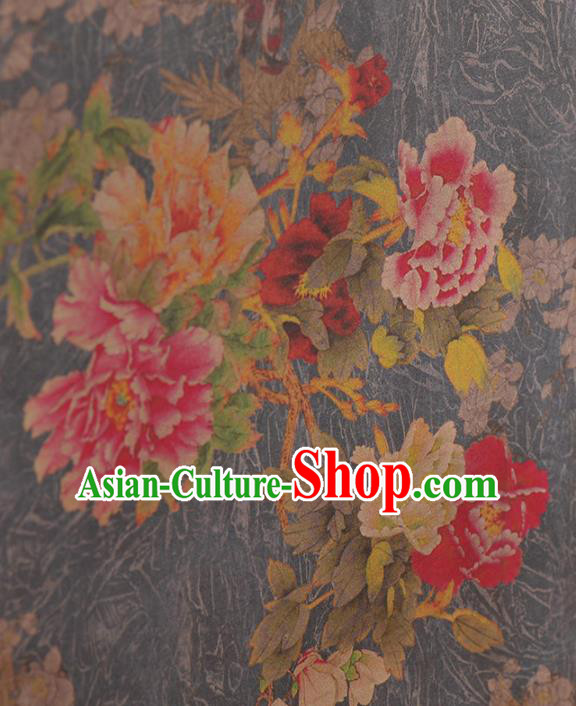 Asian Chinese Classical Peony Flowers Pattern Navy Gambiered Guangdong Gauze Traditional Cheongsam Brocade Silk Fabric