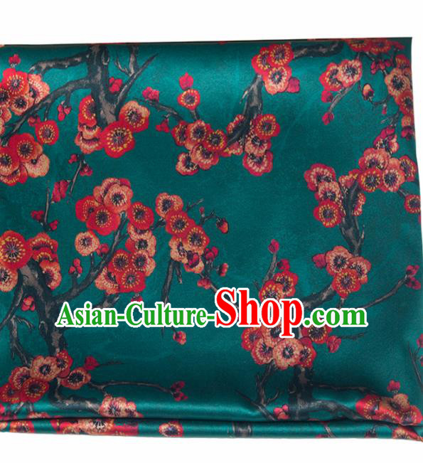 Asian Chinese Classical Plum Pattern Deep Green Brocade Satin Drapery Traditional Cheongsam Brocade Silk Fabric