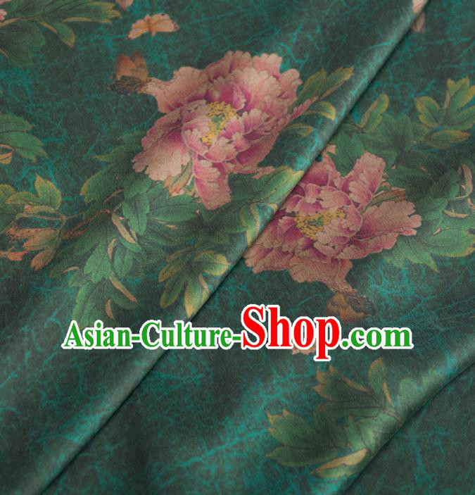 Asian Chinese Classical Peony Pattern Deep Green Brocade Satin Drapery Traditional Cheongsam Brocade Silk Fabric