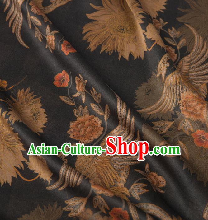 Asian Chinese Classical Phoenix Peony Pattern Black Brocade Satin Drapery Traditional Cheongsam Brocade Silk Fabric