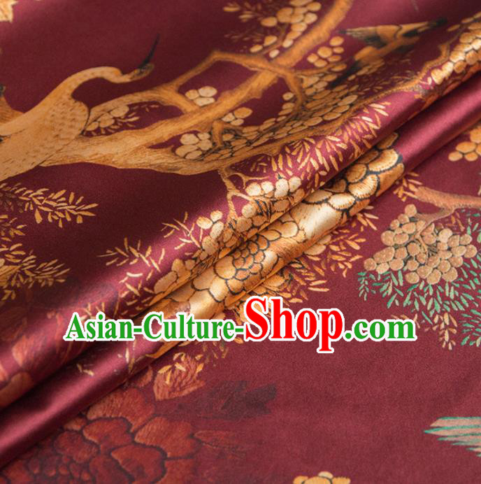 Asian Chinese Classical Crane Pattern Wine Red Brocade Satin Drapery Traditional Cheongsam Brocade Silk Fabric