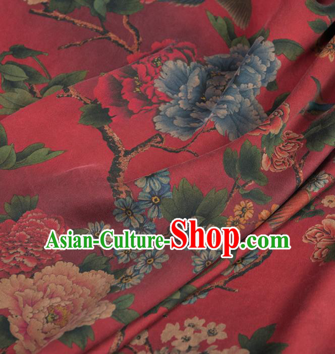 Asian Chinese Classical Peony Pattern Wine Red Brocade Satin Drapery Traditional Cheongsam Brocade Silk Fabric