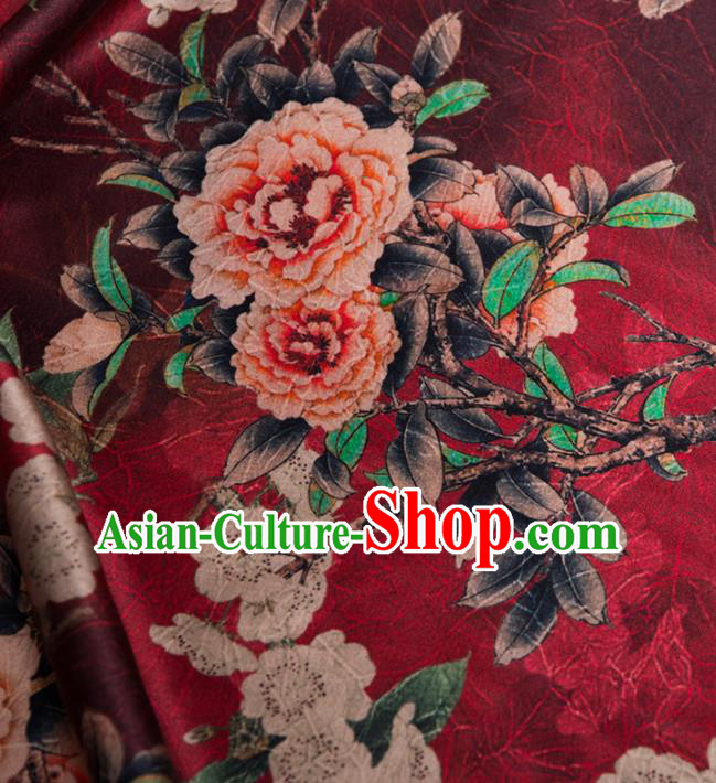 Asian Chinese Classical Plum Peony Pattern Wine Red Brocade Satin Drapery Traditional Cheongsam Brocade Silk Fabric