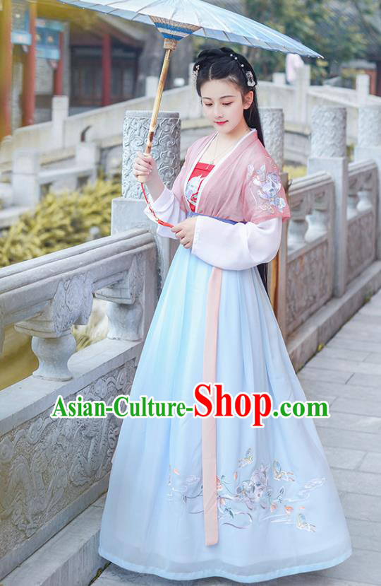 Chinese Ancient Young Lady Embroidered Hanfu Dress Antique Traditional Song Dynasty Historical Costume for Women