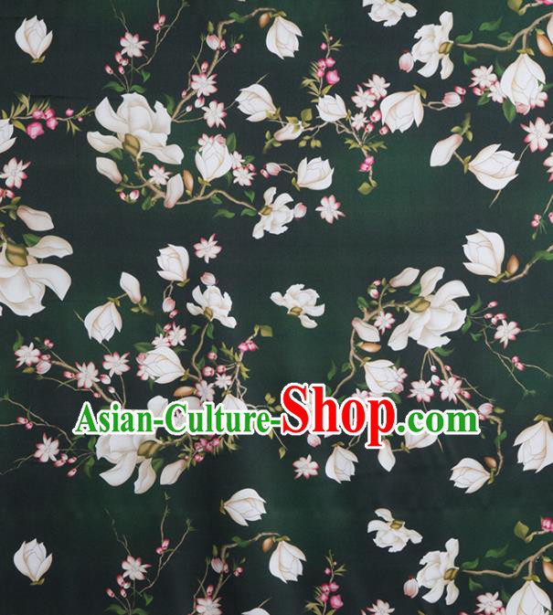 Asian Chinese Classical Yulan Magnolia Pattern Atrovirens Brocade Satin Drapery Traditional Cheongsam Brocade Silk Fabric