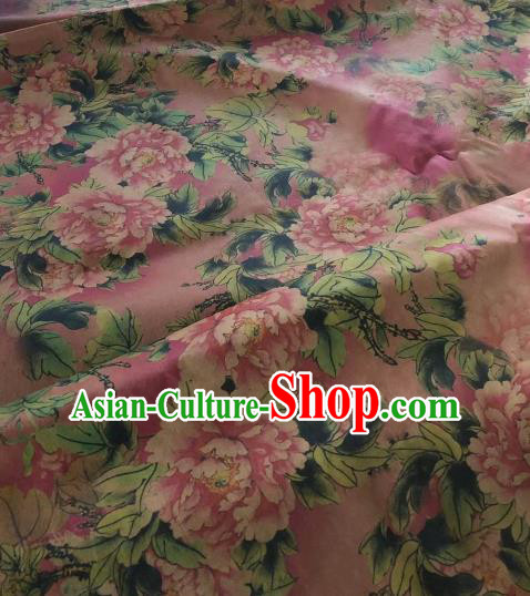 Asian Chinese Classical Peony Pattern Pink Satin Drapery Gambiered Guangdong Gauze Brocade Traditional Cheongsam Brocade Silk Fabric