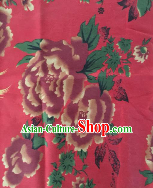 Asian Chinese Classical Peony Pattern Red Satin Drapery Gambiered Guangdong Gauze Brocade Traditional Cheongsam Brocade Silk Fabric