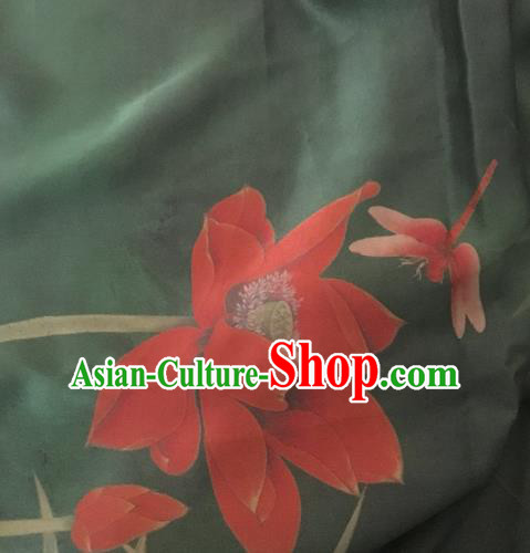 Asian Chinese Classical Lotus Bamboo Pattern Black Satin Drapery Gambiered Guangdong Gauze Brocade Traditional Cheongsam Brocade Silk Fabric