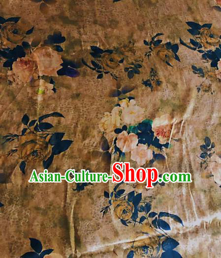 Asian Chinese Classical Roses Pattern Khaki Satin Drapery Gambiered Guangdong Gauze Brocade Traditional Cheongsam Brocade Silk Fabric