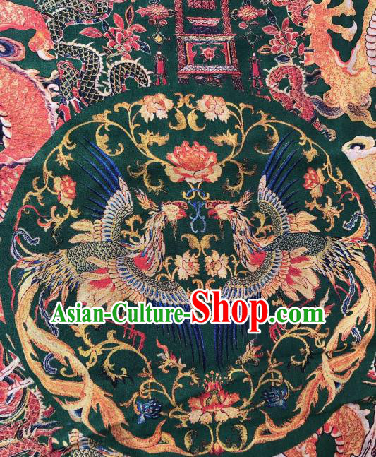 Asian Chinese Classical Phoenix Peony Pattern Atrovirens Satin Drapery Gambiered Guangdong Gauze Brocade Traditional Cheongsam Brocade Silk Fabric