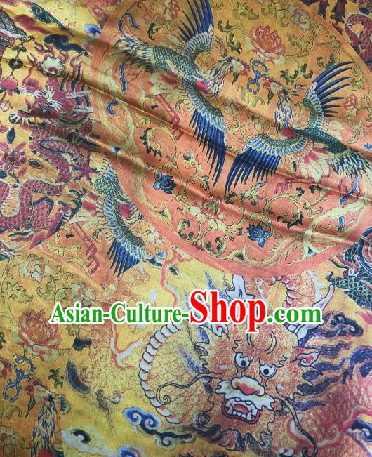 Asian Chinese Classical Phoenix Peony Pattern Yellow Satin Drapery Gambiered Guangdong Gauze Brocade Traditional Cheongsam Brocade Silk Fabric