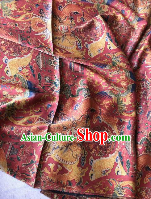 Asian Chinese Classical Phoenix Peony Pattern Wine Red Satin Drapery Gambiered Guangdong Gauze Brocade Traditional Cheongsam Brocade Silk Fabric